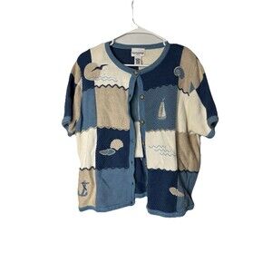 Vtg Breckenridge Sweater SailBoat Ocean Patchwork Knitted Cottage Core  Cardigan